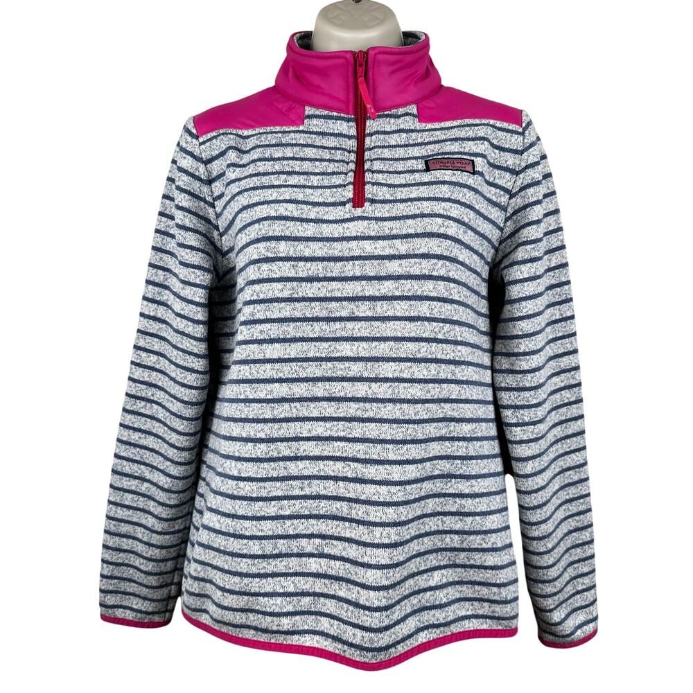 Vineyard Vines Womens Fleece Sweater 1/4 Zip Stripe Blue Pink XS Preppy Nautical